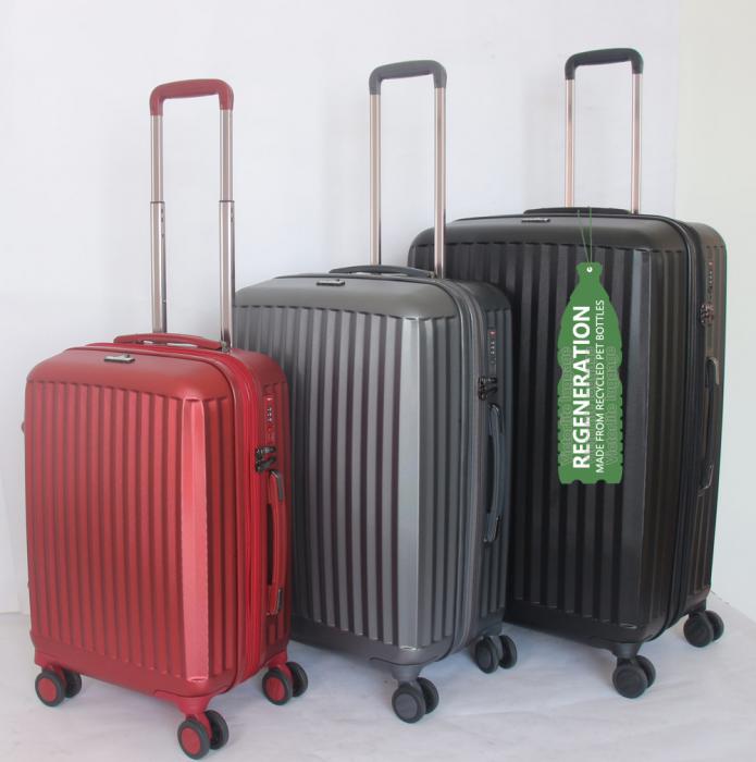 RPET luggage set are made of RPET material created from 263 post-consumer recycled PET bottles.