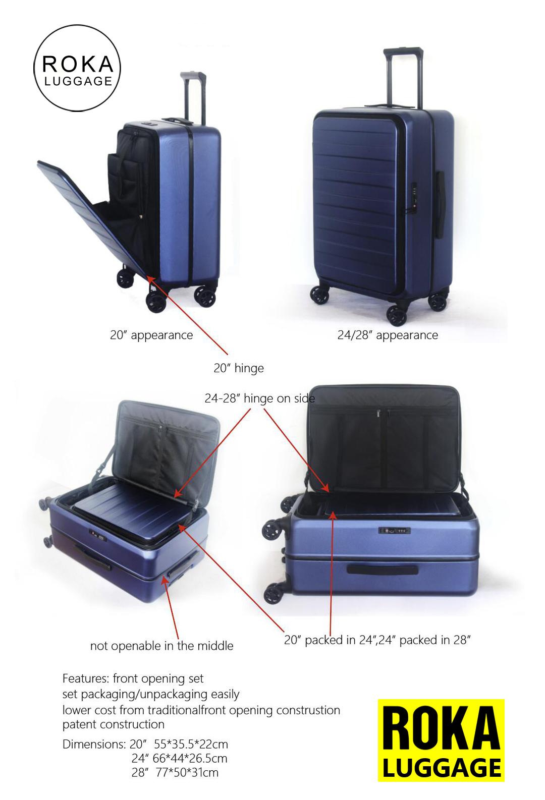 Roka front opening luggage,front opening suitcase,hardside front opening carry-on,hardside front opening rolling luggage
